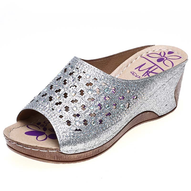 Zomer Vrouwen Wedge Sandalen Premium Bling Bling Open Teen Sandalen Vintage Anti-Slip Lederen Casual Vrouwelijke Platform Schoenen: sliver / 41