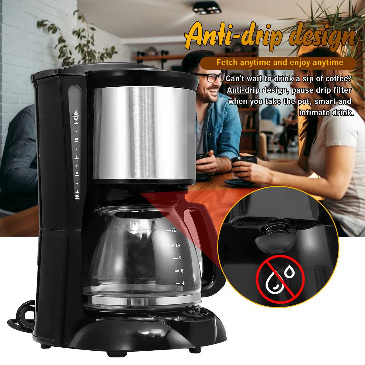 220V Electric Coffee Maker Household Kitchen Automatic Boiler 8-12 Cup Latte Espresso Moka Drip American Coffee Brewing Machine