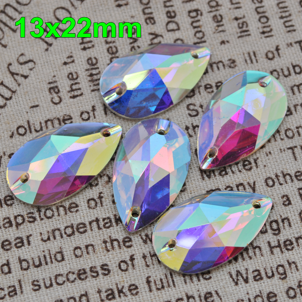 , 100 stks/partij, hight 13x22mm Crystal AB Teardrop plat Hars Naaien-op Stenen