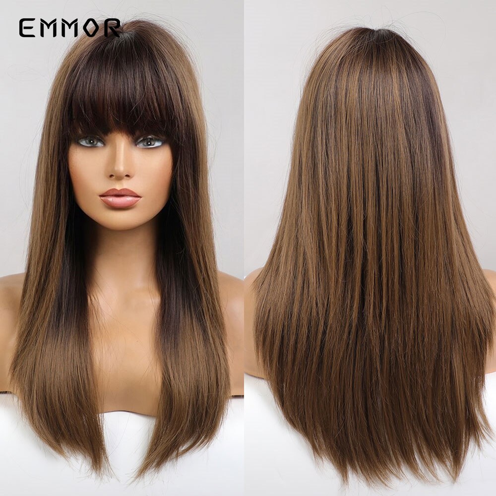 Emmor Synthetic Black Root Ombre Light Golden Blonde Straight Hair Wigs with Bangs High Temperature Cosplay Daily Wig for Women: EM6091