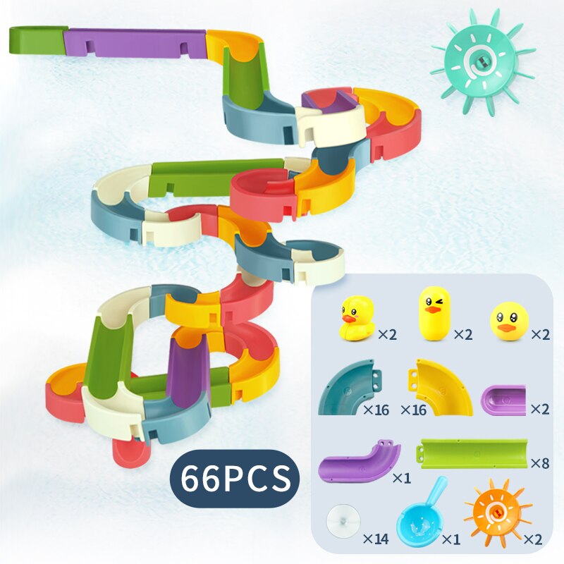Baby bath toy diy run assembly track girl boy bathroom bathtub children summer play water spray toy set children stacking track: 66 pcs