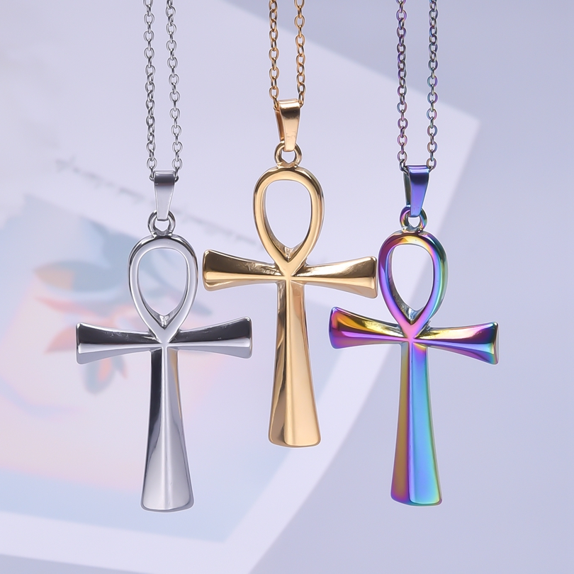 GLOWCAT antiguo Egipto Anke Cruz colgante collares para Mujeres Hombres accesorios No se decolora Simple collar de acero inoxidable gargantilla