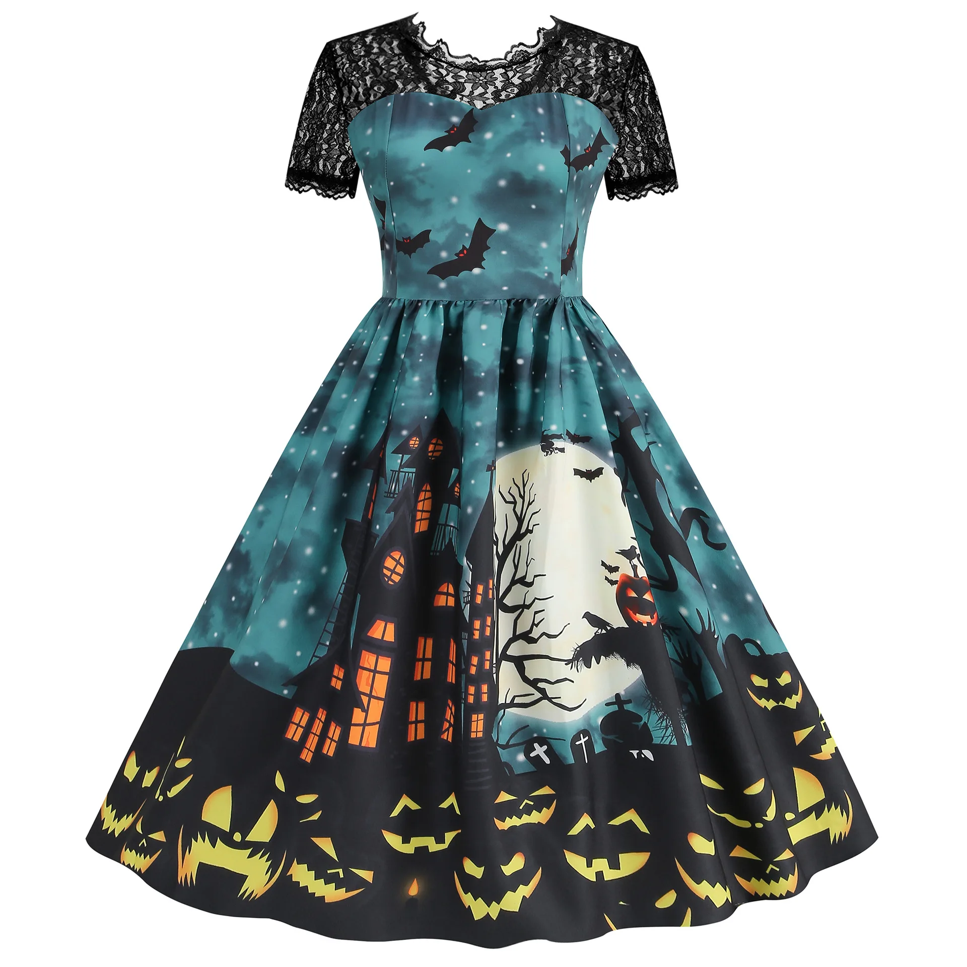 Contrast lace patchwork halloween print party night pleated dress women's festival clothing vintage midi dresses: Xxl / Blue