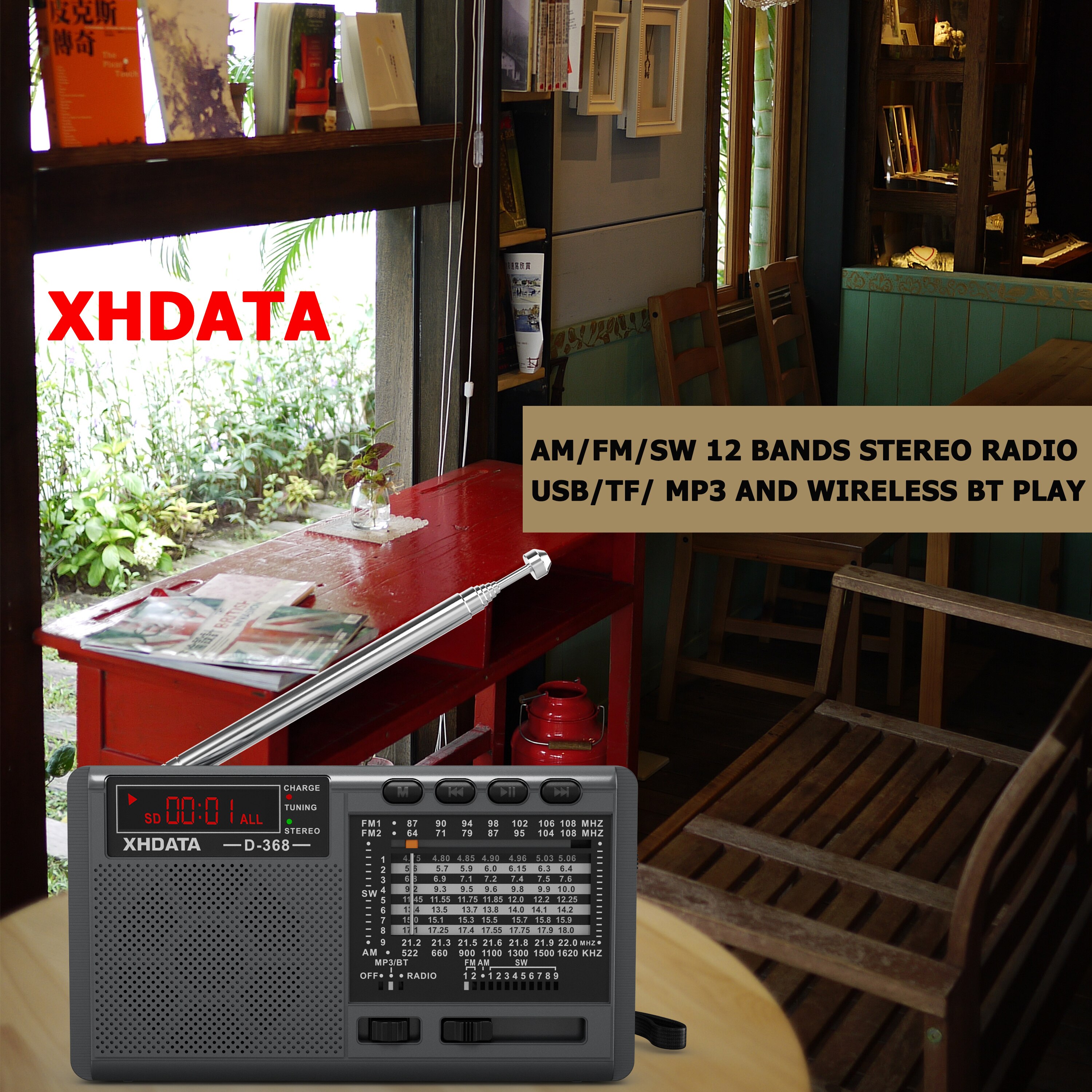 XHDATA – Radio FM Portable BT D-368, récepteur Radio stéréo 12 bandes, sans fil, Bluetooth de poche, compatible USB TF, lecteur MP3