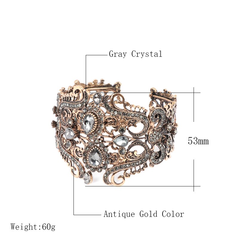 Kinel Vintage Indian Wide Gray Crystal Flower Cuff Bangle For Women Antique Gold Spring Bracelet Turkish Wedding Jewelry