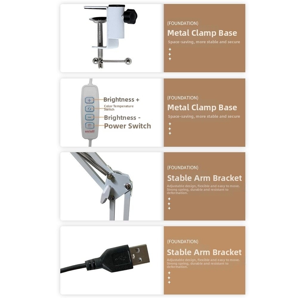 LED-schreibtischlampe mit 3 beleuchtungsmodi, dimmbarer, verstellbarer klemme, klappbarer Clip, flexibler, tragbarer schwenkarm