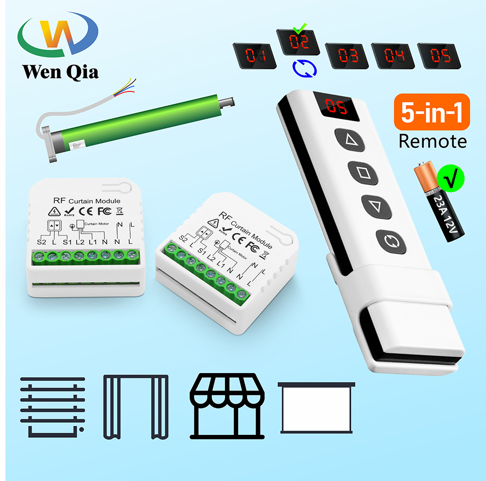 433Mhz Curtain Roller Shutter Wireless Switch and 5-in-1 Transmitter 110V 220V RF Module for Remote Control Blind/Awning/Motor