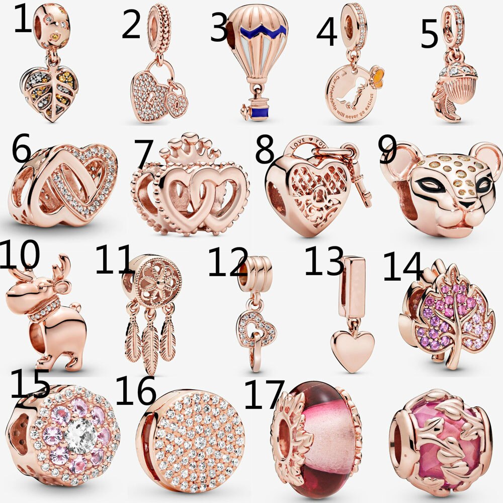 Genuine 925 Sterling Silver Bead Oro Rosa Stati Regale Cuori Branello di Fascino Misura Delle Donne Pan Braccialetto e la Collana di Gioielli Fai Da Te