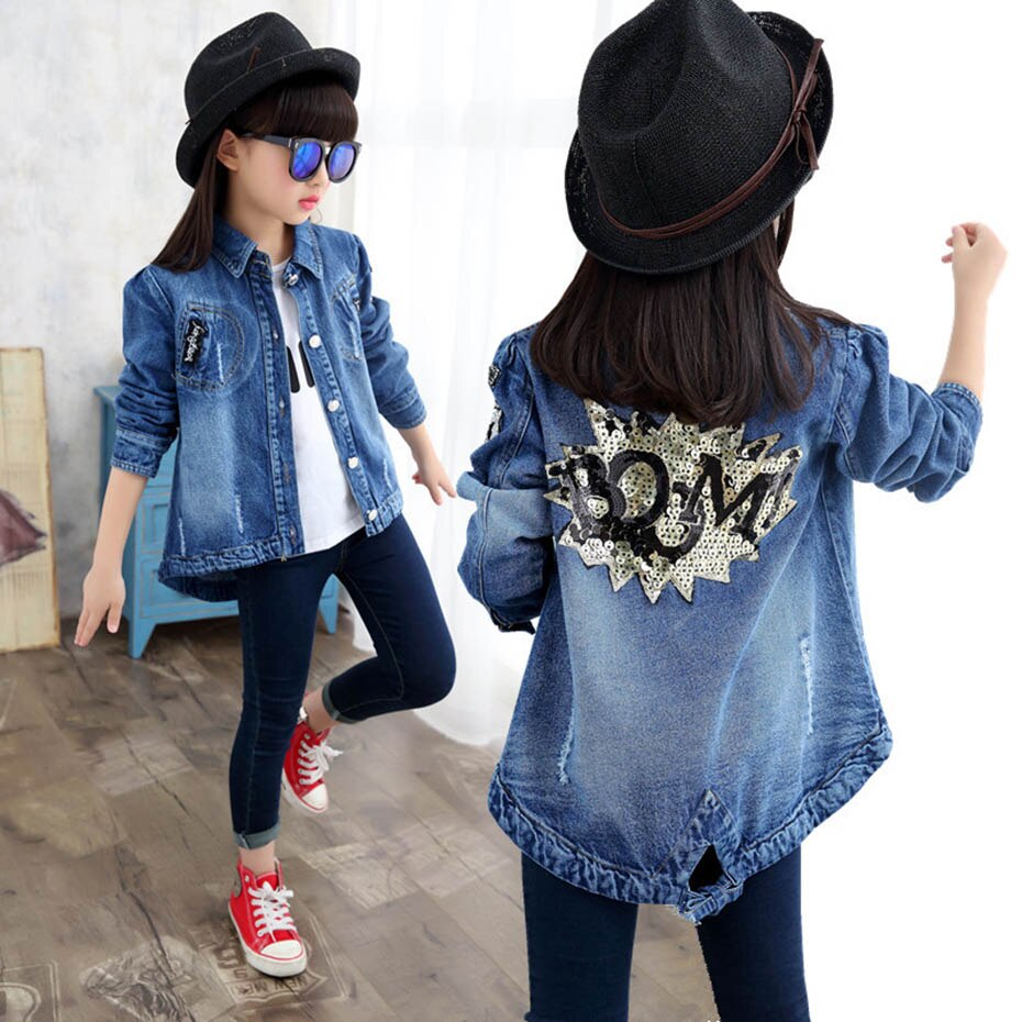 Teenage Girls Long Denim Jacket Sequin Girls Coats Outerwear Letter Children's Jacket Casual Style Clothes Girl