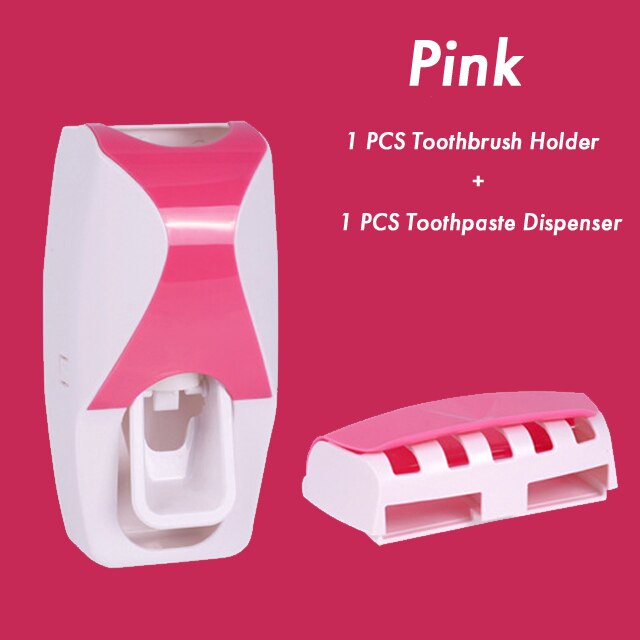 Automatic Toothpaste Dispenser Toothbrush Holder Storage Rack Wall Mount Holder Bathroom Accessories Toothpaste Squeezer Set: Pink