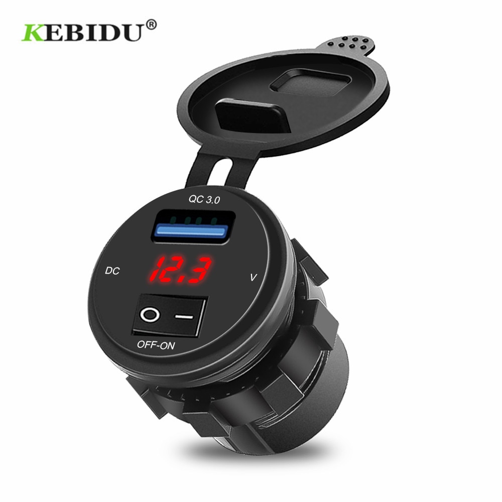 KEBIDU Quick Charge 3.0 USB Car Charger Socket Digital Display Voltmeter USB Charger Socket with ON-OFF Switch for Motorcycle