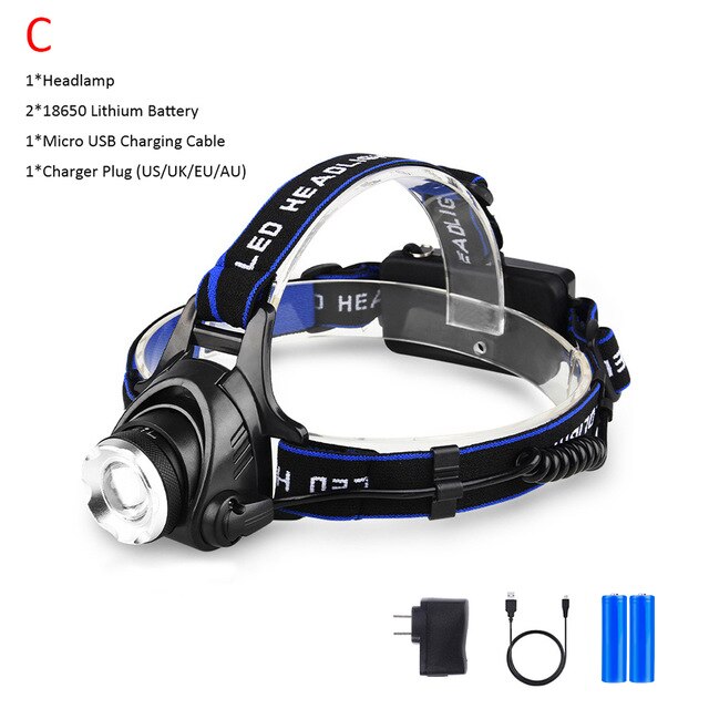 Led otsalamppu erittäin kirkas ajovalo  t6/l2 ulkona vedenpitävä zoomattava usb ladattava 18650 akku taskulamput retkeilyvalo: Paketti c / L2