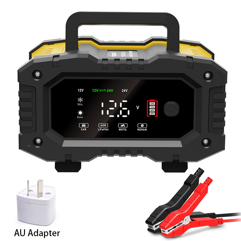 FOXSUR-cargador de batería de coche 10A para baterías de plomo-ácido Lifepo4 AGM de 12V 24V para motocicleta, camión, barco con reparación automática de pulso: YELLOW