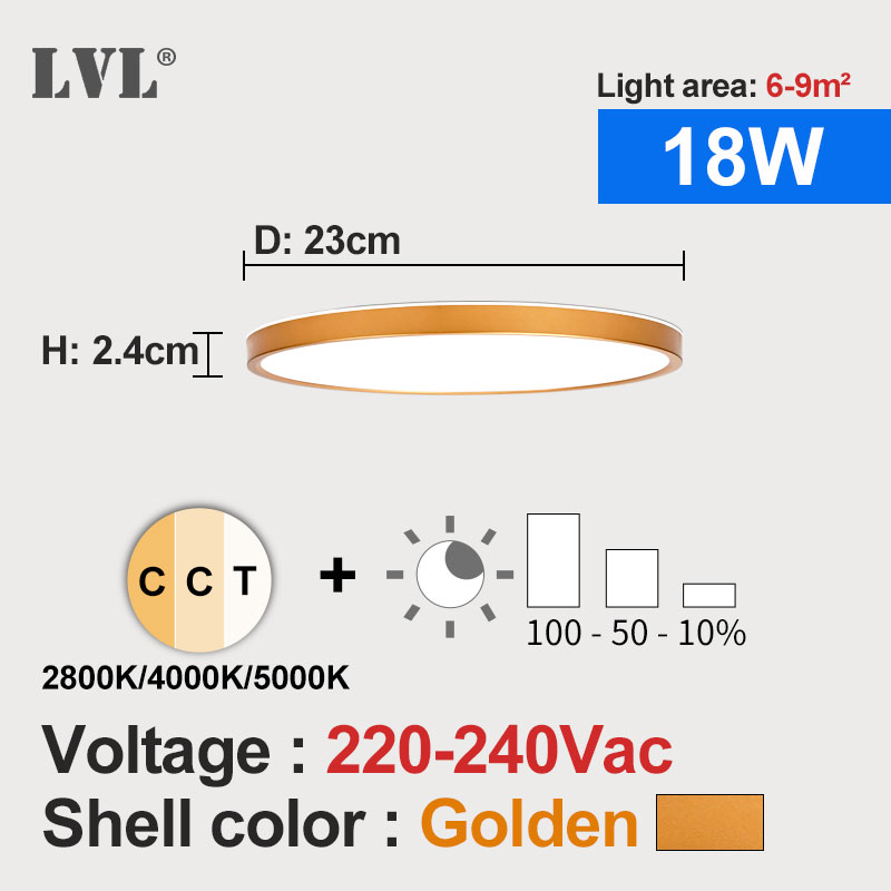 Led Dimbare Paneel Licht 12W 18W 24W 32W 220V Preset 2800K 4000K 5000K Voor Slaapkamer Woonkamer Badkamer Moderne Panel Licht: Golden shell-18W