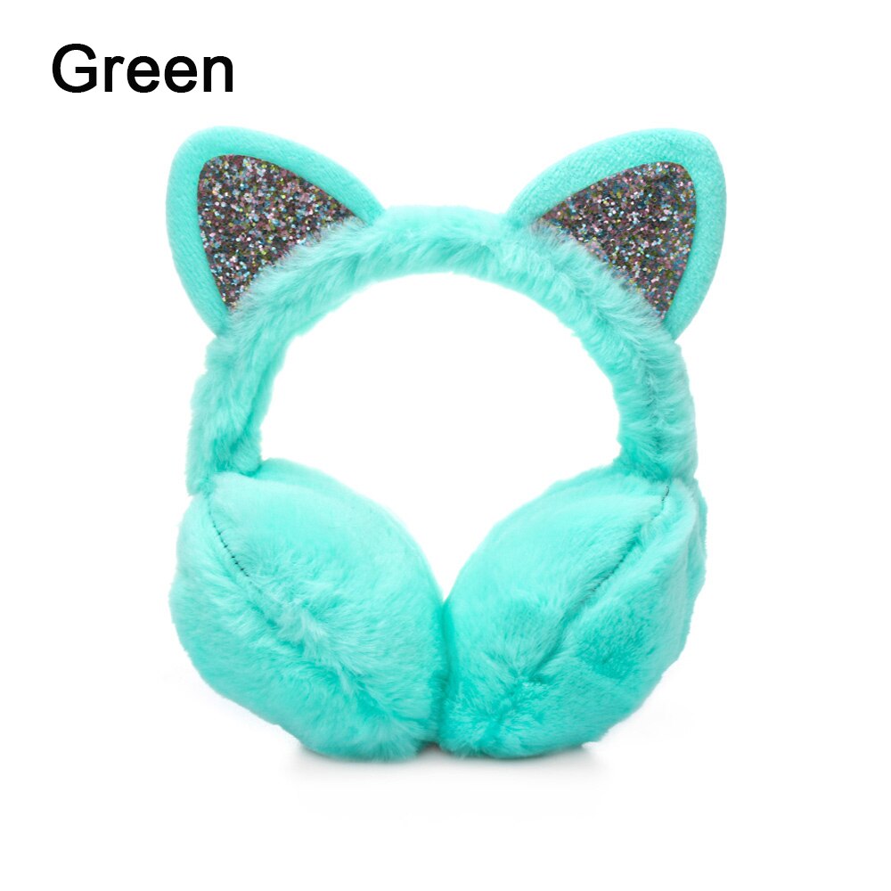 Kvinder vinter varme ørebeskyttere til piger søde kat øreopvarmere udendørs øreprop dejlige paillet ørepropper fluffy øreklap hovedbøjle: Grøn