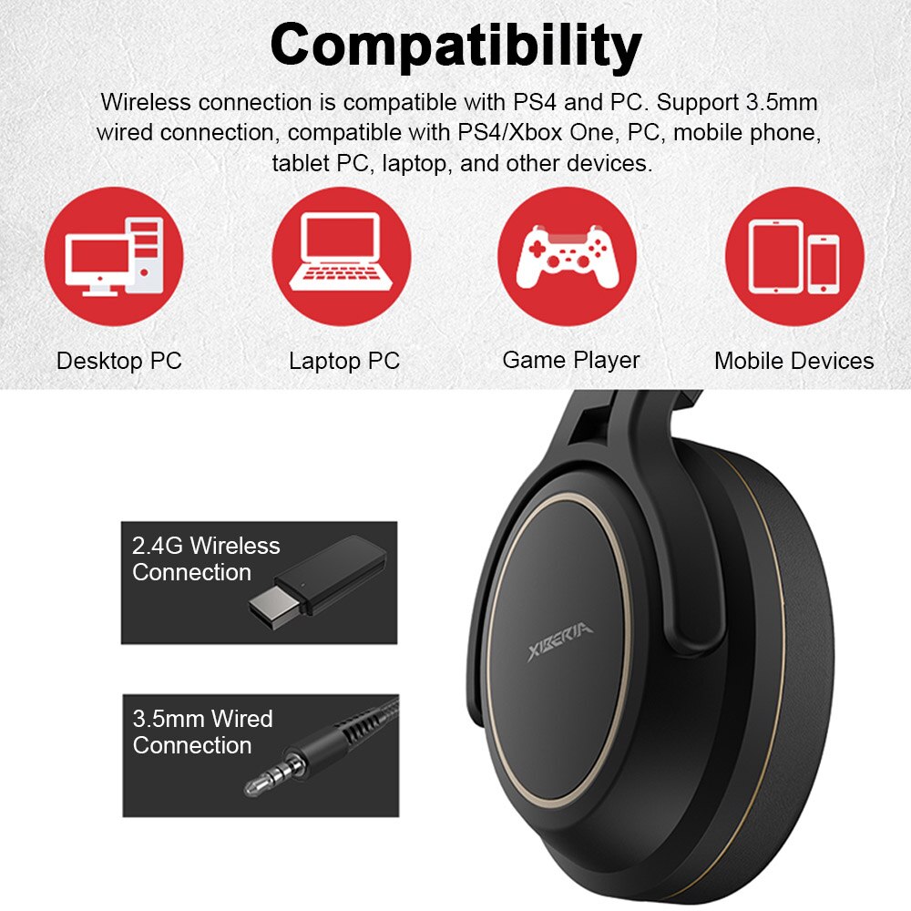XIBERIA G01 2.4GHz Wireless Gaming Headset Game Headphones Stereo Music Super Bass AUX-IN 3.5mm Wired Headphone for phone PC TV