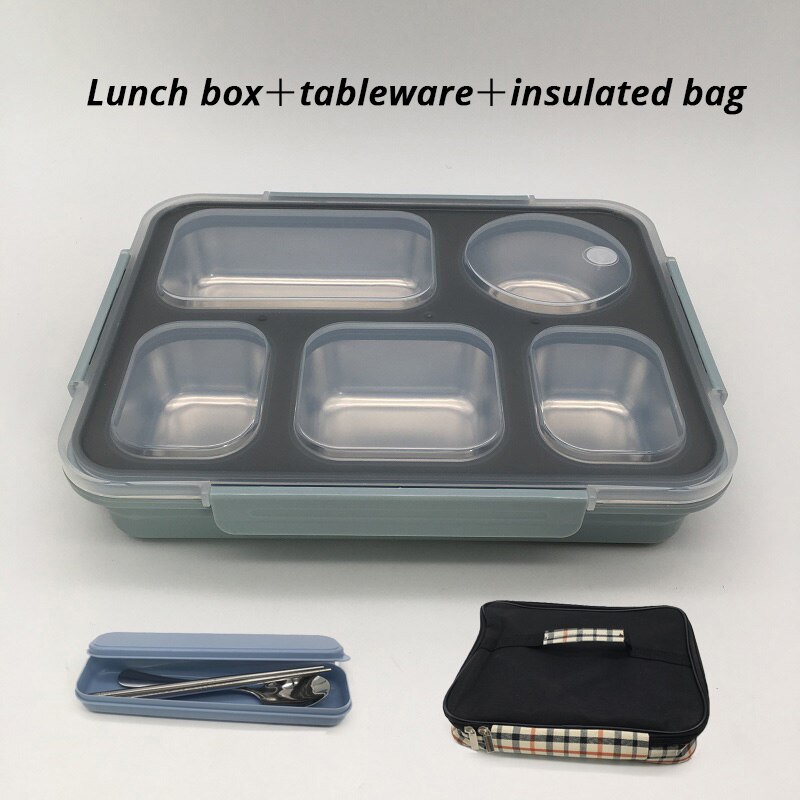 Rvs Lunchbox Voor Kid Verwarmd Lunchbox Keuken Accessoires Bento Box Maaltijd Prep Voedsel Container Opslag: Blue 5 grip package