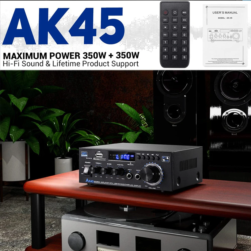 AK45 800W Home Power Amplifiers 2.0 Channel Bluetooth 5.0 Surround Sound FM USB MIC Remote Control Mini HIFI Digital Amplifier