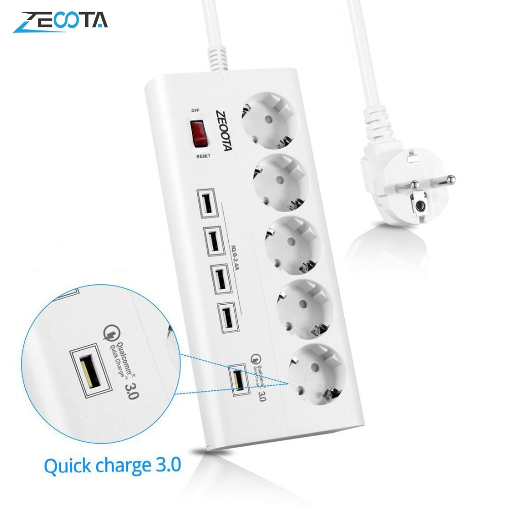 Power Strip 5 Eu Outlets Stopcontact Met Usb Qc 3.0 Quick Charge Port Voor Smartphones Tabletten Apparaten 1.8M verlengsnoer