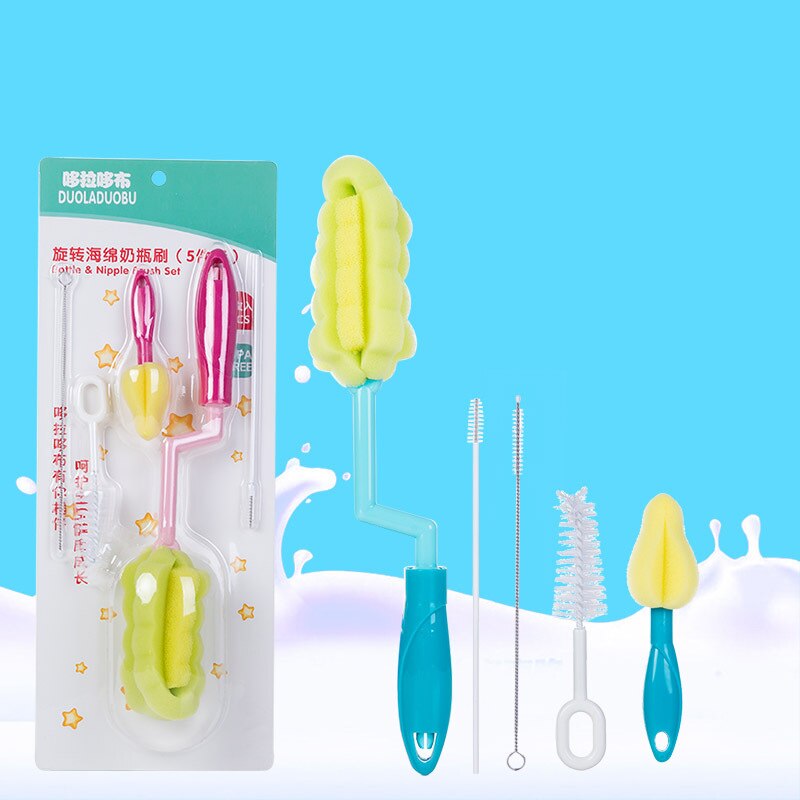 2 Sets Baby Fles Borstel 5Pcs Tepel Borstel 360 Graden Draaibare Spons Glas Speciale Borstels Fles Schoonmaken Accessoires