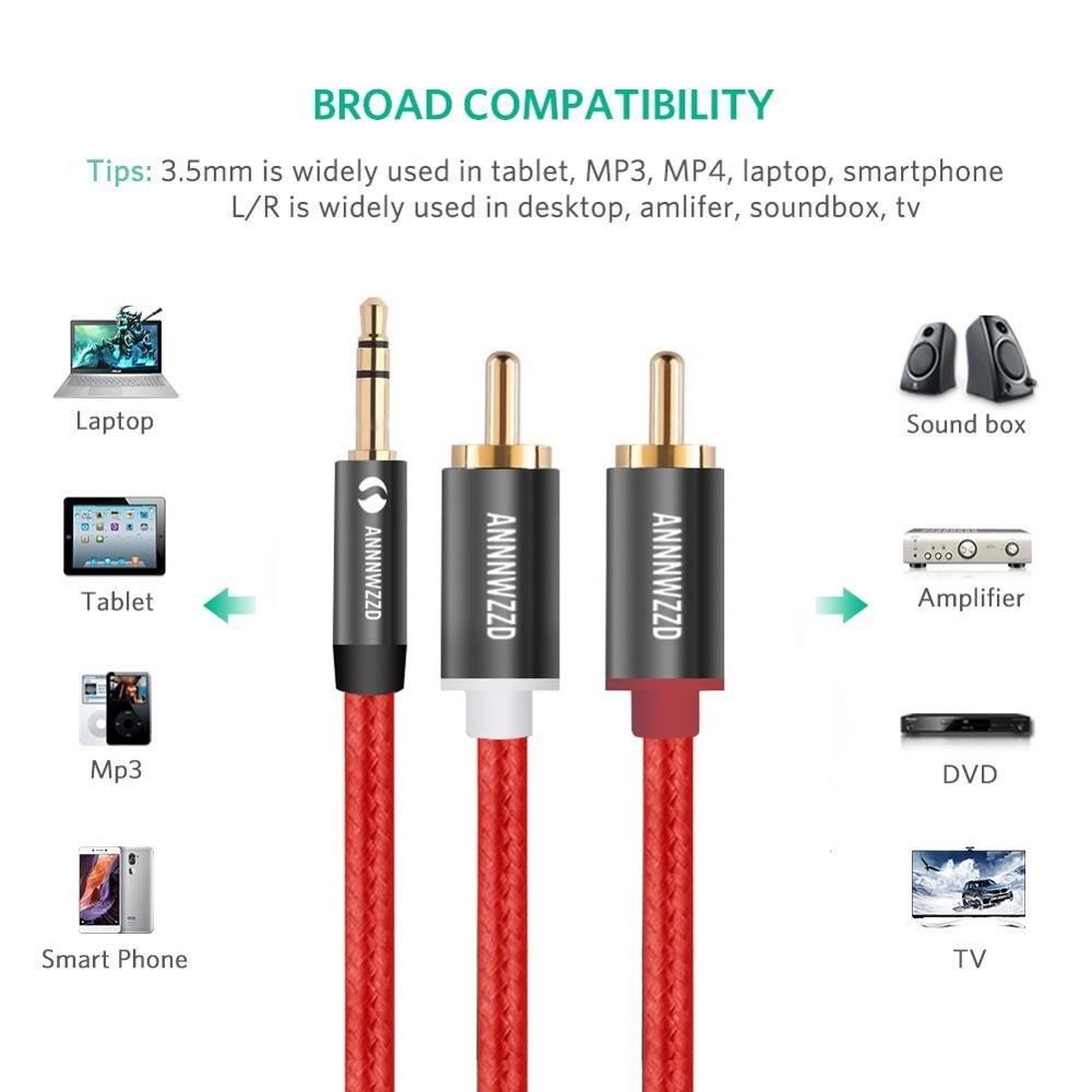 RCA Audio Cable 2RCA Male to 3.5mm Jack to 2 RCA AUX Cable Nylon Braided Splitter Cable for Home Theater iPhone Headphone