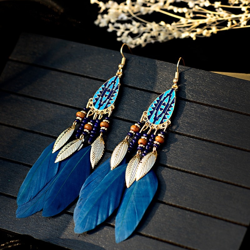 Pendientes de borla de plumas bohemias para mujer, aretes de gota de agua Vintage, joyería India Bohemia Kolczyki