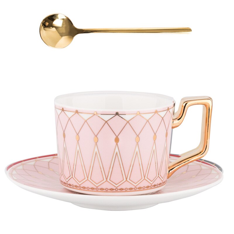 British Style Luxury Moroccan Coffee Cup and Saucer Set with Gold Handle 220ml Ceramic Afternoon Tea Cup Porcelain Drinkware: Pink