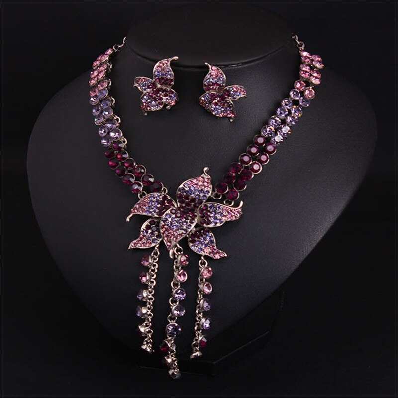 Flower Full Crystal Tassel Necklace Earrings Jewelry Sets Wedding Bridal Party Prom Female Rhinestones Accessories