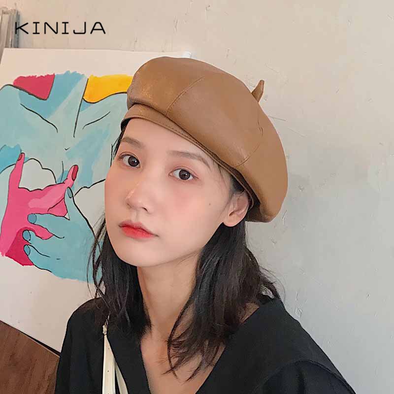 Koreansk efterår og vinter britisk retro baret malers fuld matchende kvindelige pu læder ottekantet maler hat hat