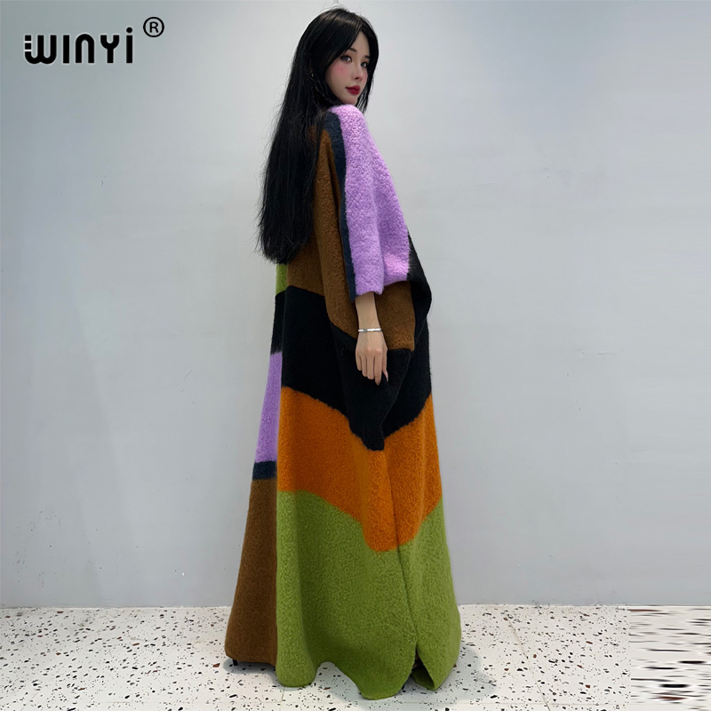 WINYI inverno donna moda stampa pelliccia di lusso cappotto neutro sciolto spesso confortevole caldo cappotto femminile sopra poncho lungo piumino