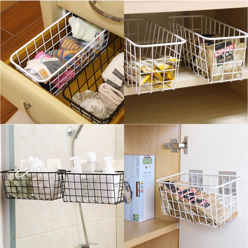 Metal Shelf Organizer Wall Mounted Iron Mesh Basket Rack Sundries Storage Holders Net Box Seamless Paste Hanging Bathroom Cocina