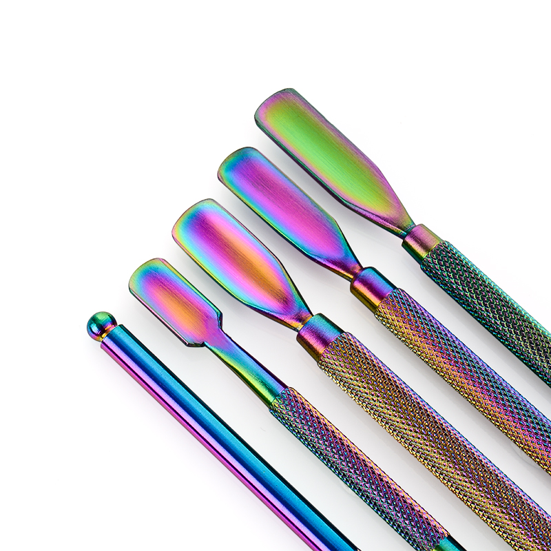 Doble cara camaleón Arco Iris cutícula empujador tijeras pinza Picker acero manicura herramienta de Arte de uñas