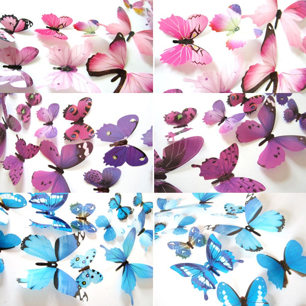 12Pc Kleurrijke Vlinders Decals Muurstickers Home Decoratie 3D Vlinder Regenboog Voor Woonkamer Ornament Koelkast Muursticker