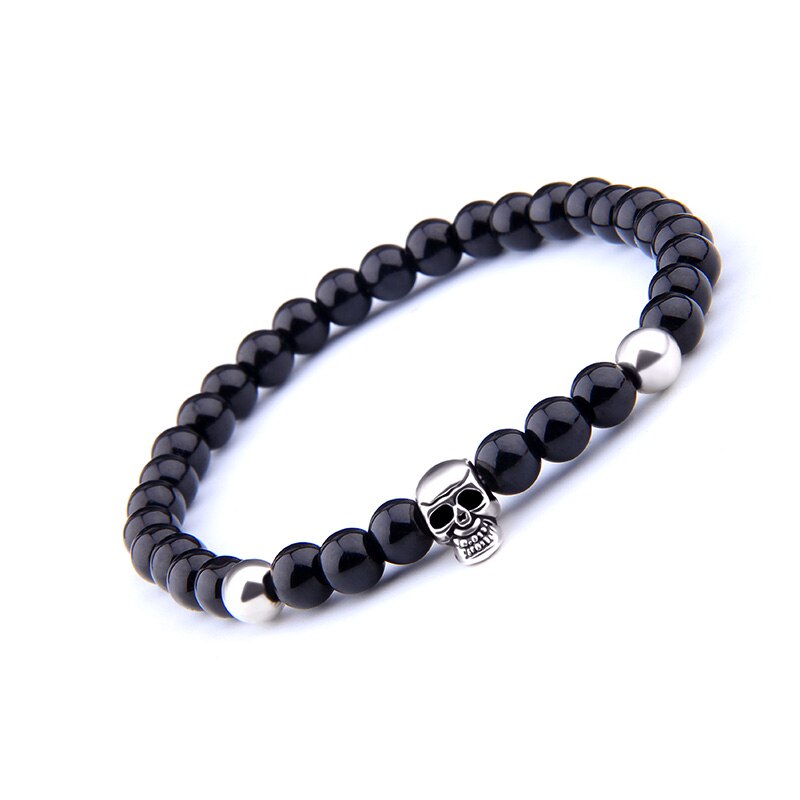 Männer Armbinde Natürliche 6 mm Schwarz Onyx Perlen Armbinde Für Frauen Jahrgang gotisch Elastische Schmuck Schädel Charme Pulseras Mujer