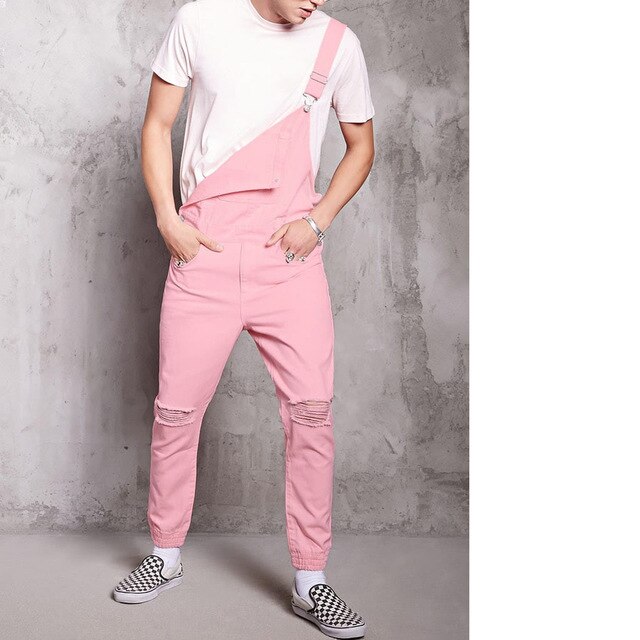 Rompertjes Heren Jumpsuit Mode Katoen Toevallige Mannelijke Denim Ripped Jeans Broek Roze Overalls Conjunto Masculino Plus Size