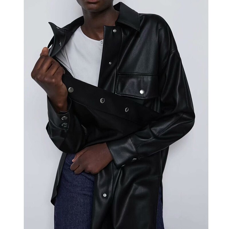 Chaqueta de cuero sintético para mujer, abrigo de camisa fina para primavera y otoño, ropa de calle a la , chaqueta gótica Vintage de color negro, atuendo estético,
