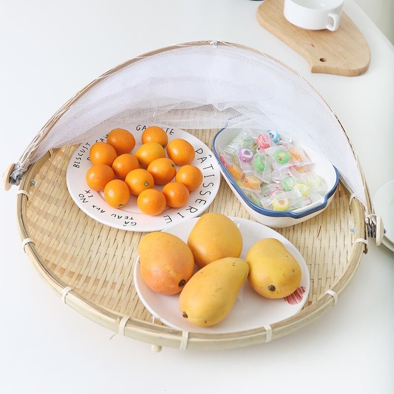 Handgemaakte bamboe rieten mand met gaas, insectenwerend, stofdicht, picknick fruitschaal, broodmandhoes, bakkerij opbergdoos