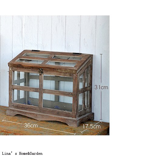 Mini serre vintage, artisanal avec cadre en bois brun antique, panneau en verre