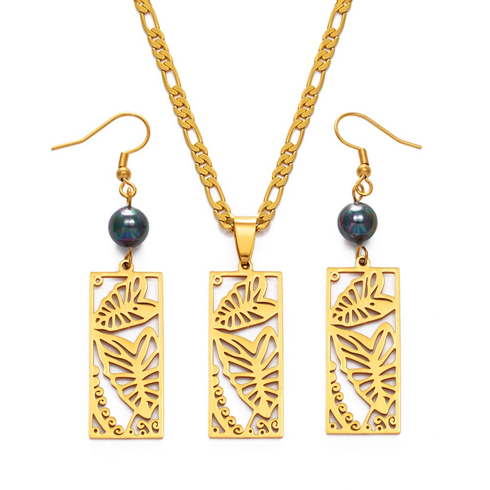 Anniyo Hawaiian Jewelry sets Leaf Black Pearl Necklace Earrings Marshallese Guam Micronesia Chuuk Pohnpei Wedding #150421