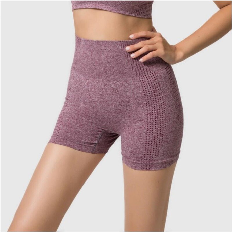 style High waist seamless leggings gym shorts fitness yoga short scrunch sports yoga shorts spandex pink short pants: Wine red / S