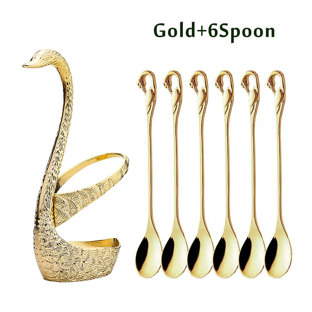 7 Pcs Swan Base Holder Dinnerware Set Stainless Steel Gold Spoon Fork Cutlery Coffee Cake Fruit Salad Dessert Flatware Teaspoon