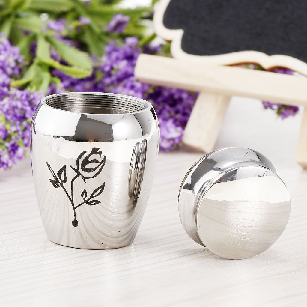 Stainless Steel Mini Urn Jar Funeral Cremation Container Rose Flower Pattern