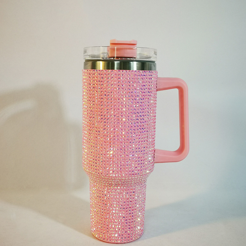 Taza Termo de diamante de 40oz con asa, botella aislada de café al vacío de acero inoxidable 304, frascos portátiles para coche: Rosa