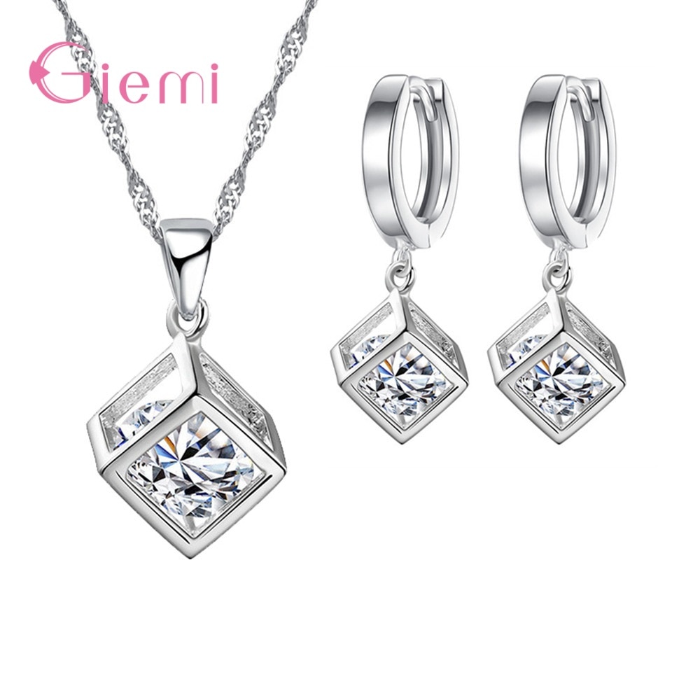 Conjuntos de joyería de cubo de Plata de Ley 925 para mujer, con personalidad creativa, colgante de circón cúbico, collar, Pendientes colgantes para mujer