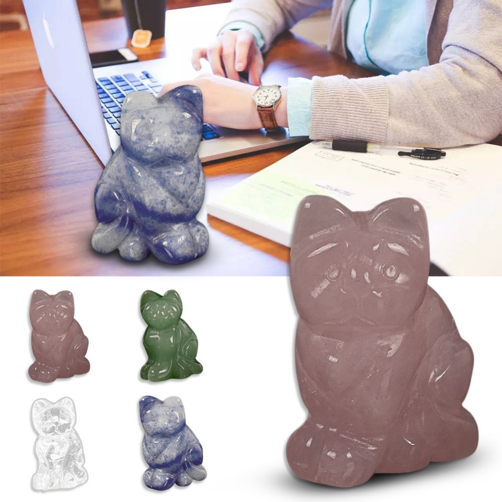 Jade chat porte-bonheur décoration de la maison | Chaton naturel, cristal de spar fluoré, pierres de traitement artisanales pures sculptées à la main