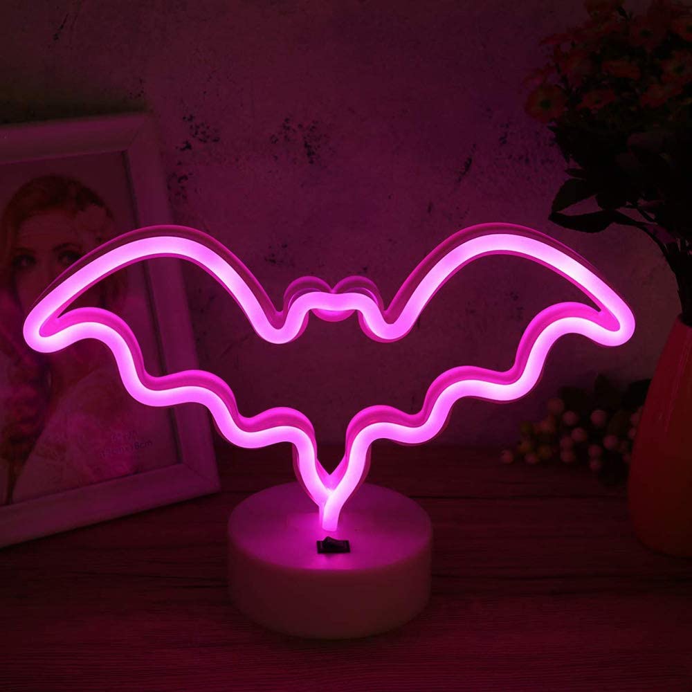 Led Neon Vleermuis Lichten Vleermuis Vorm Neon Borden Night Lights Desk Tafellamp Voor Slaapkamer Bar Muur Halloween Decor Met houder Base