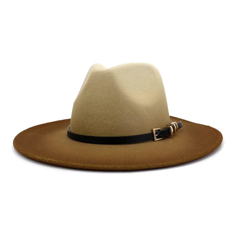 Schilderij wolvilt jazz fedora hoeden dames brede rand riem gesp fedora cowboyhoeden petten: Beige