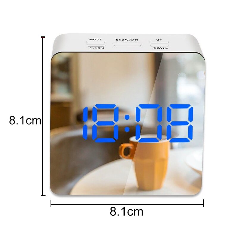 Digital Mirror Alarm Clock LED Display 5Fuctions Button Desk Clock Temperature Calendar Snooze Thermometer with USB 14x50x3.4cm