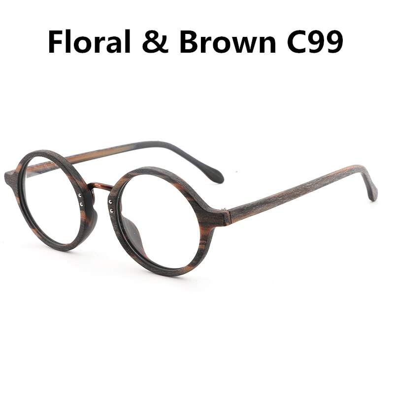 Hdcrafter vintage træ runde øjne briller ramme nærsynethed rammer klar linse til kvinder træ læsning klare briller briller: Blomsterbrun  c99