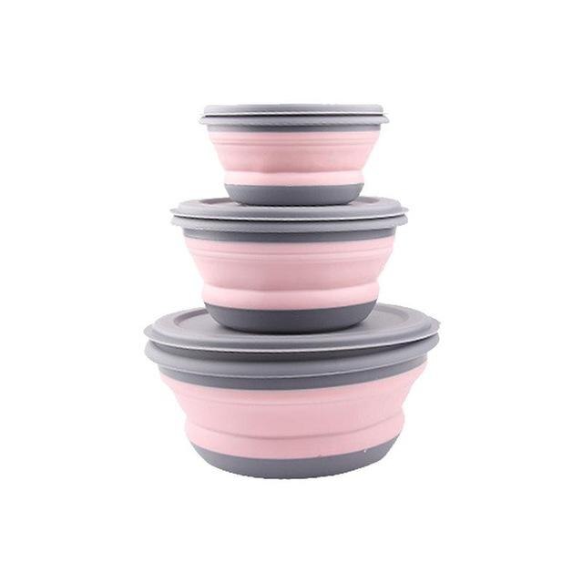 3 Pcs Kom Sets Draagbare Siliconen Vouwen Kom Vouwen Lunchbox Salade Schotel Met Deksel Instant Noodle Emmer Voor Picknick school: Pink